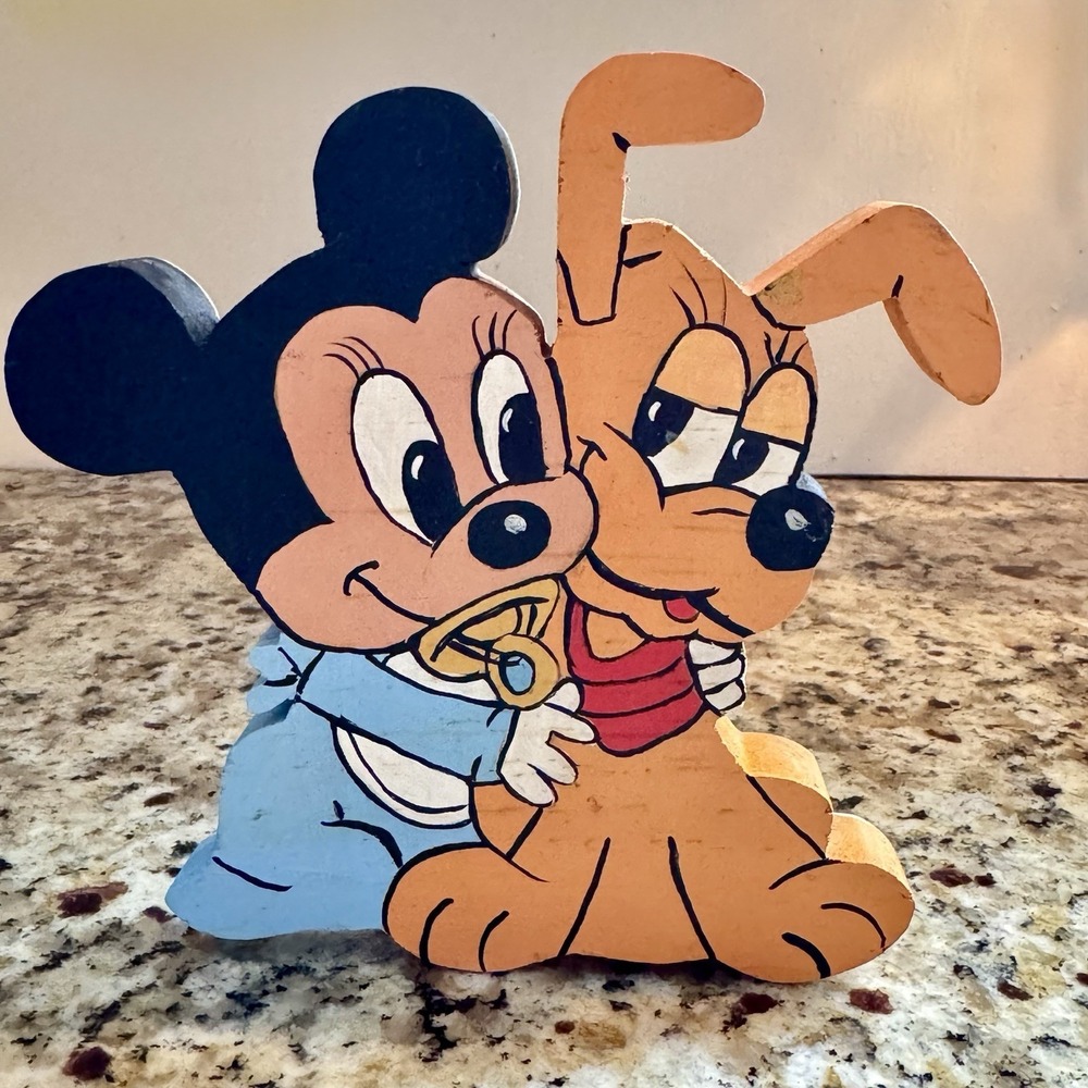 Vintage Disney Baby Mickey Mouse &‎ Pluto Wooden Wall Decor Plaque 6.5"